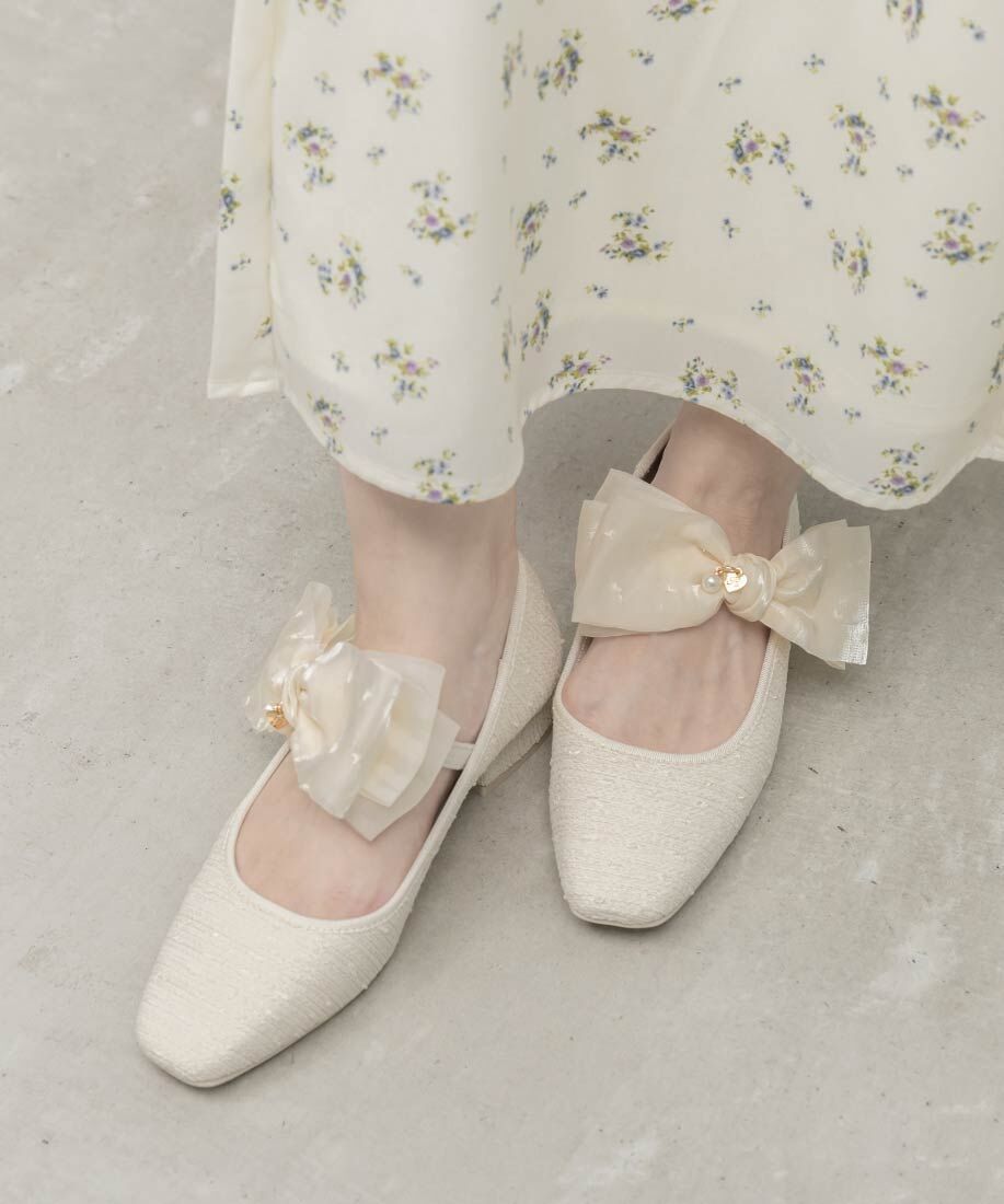 [預購] RANDA 雪紡蝴蝶結心型跟鞋