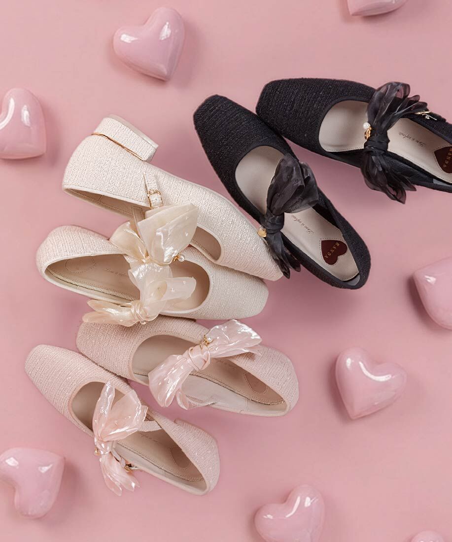 [預購] RANDA 雪紡蝴蝶結心型跟鞋