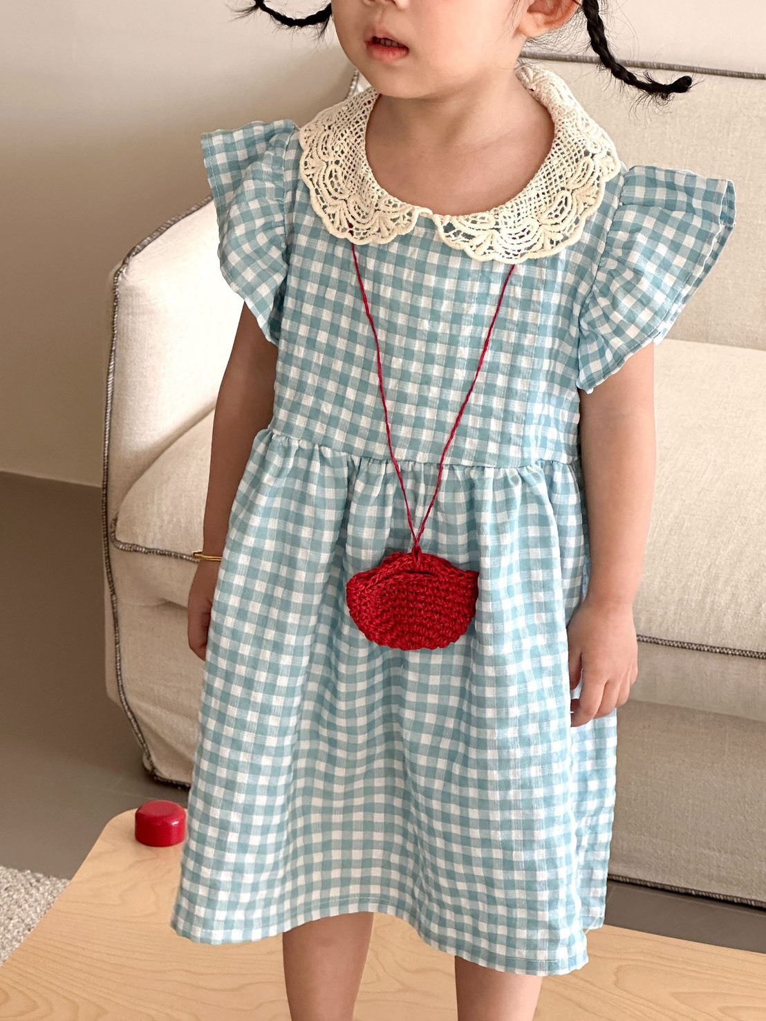 緹花領格紋洋裝