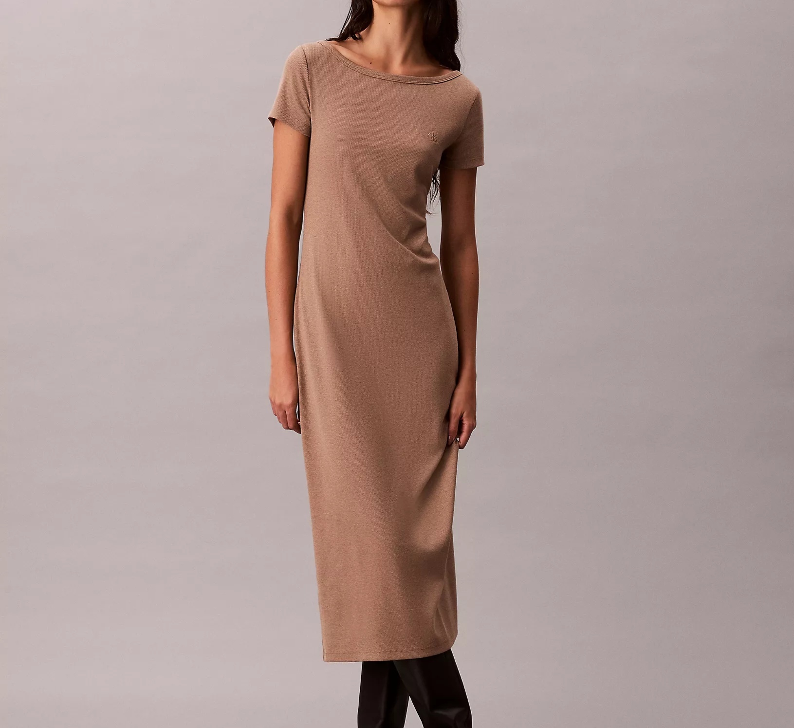 [S] CALVIN KLEIN AMPHORA HEATHER COTTON CONTOUR RIB SHORT SLEEVE DRESS, SP47616323-47D292G250 (SCK813)