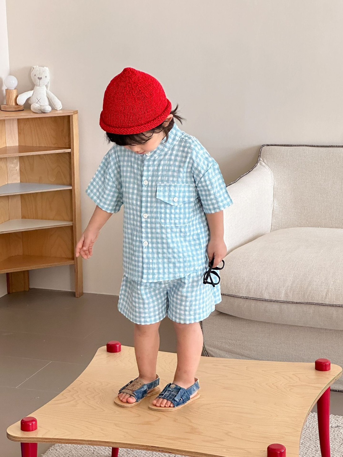 小立領格紋襯衫套裝