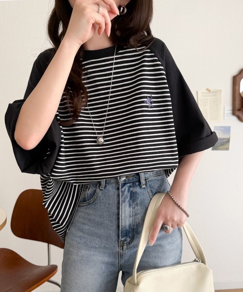 日本🇯🇵連線 JAVA 刺繡橫條擦肩拼接T恤 寬鬆 復古 條紋 拼接 落肩 刺繡 3色(任買兩件711免運)/預購
