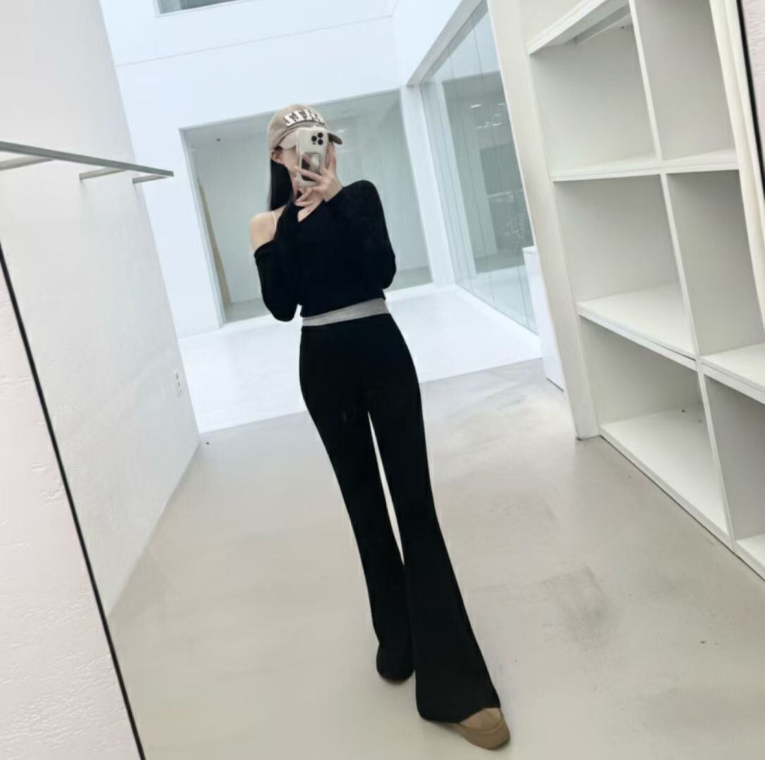 單邊露肩造型短版上衣+喇叭褲SET / 2色