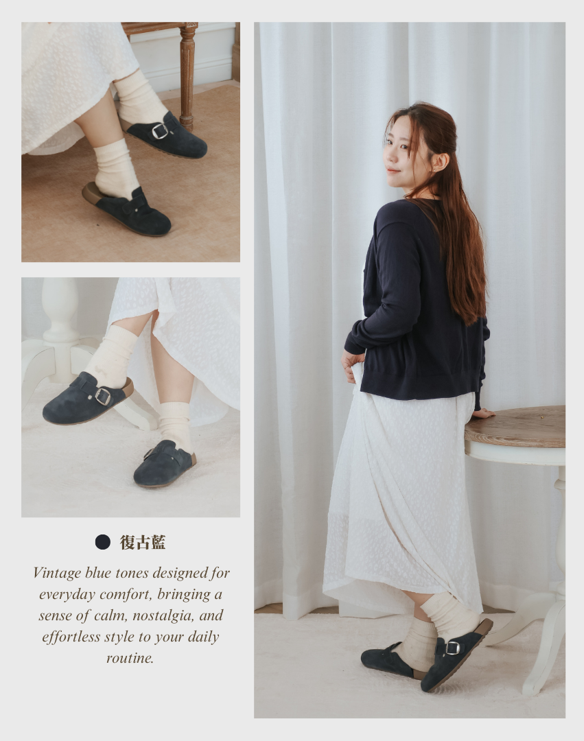 Sanly Joy 記憶沙發勃肯鞋 復古藍勃肯拖鞋 女生舒適日常穿搭