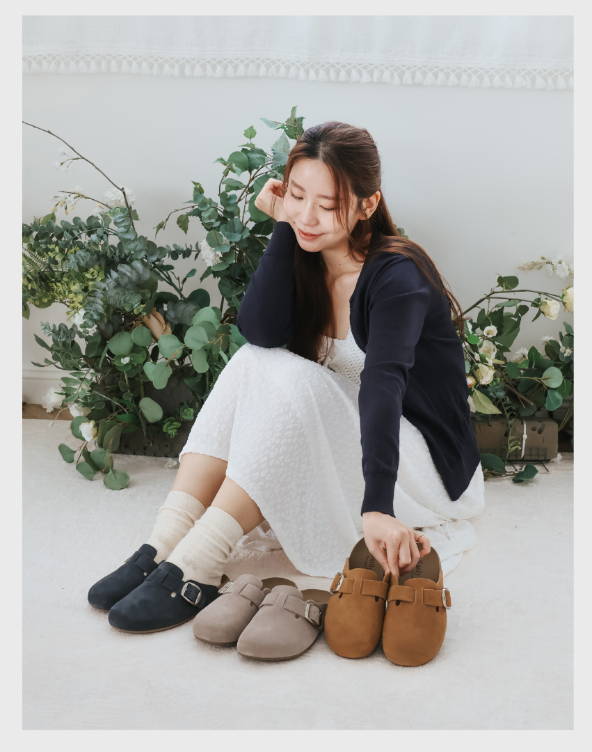 Sanly Joy 記憶沙發勃肯鞋 三色勃肯拖鞋展示 復古棕經典灰復古藍
