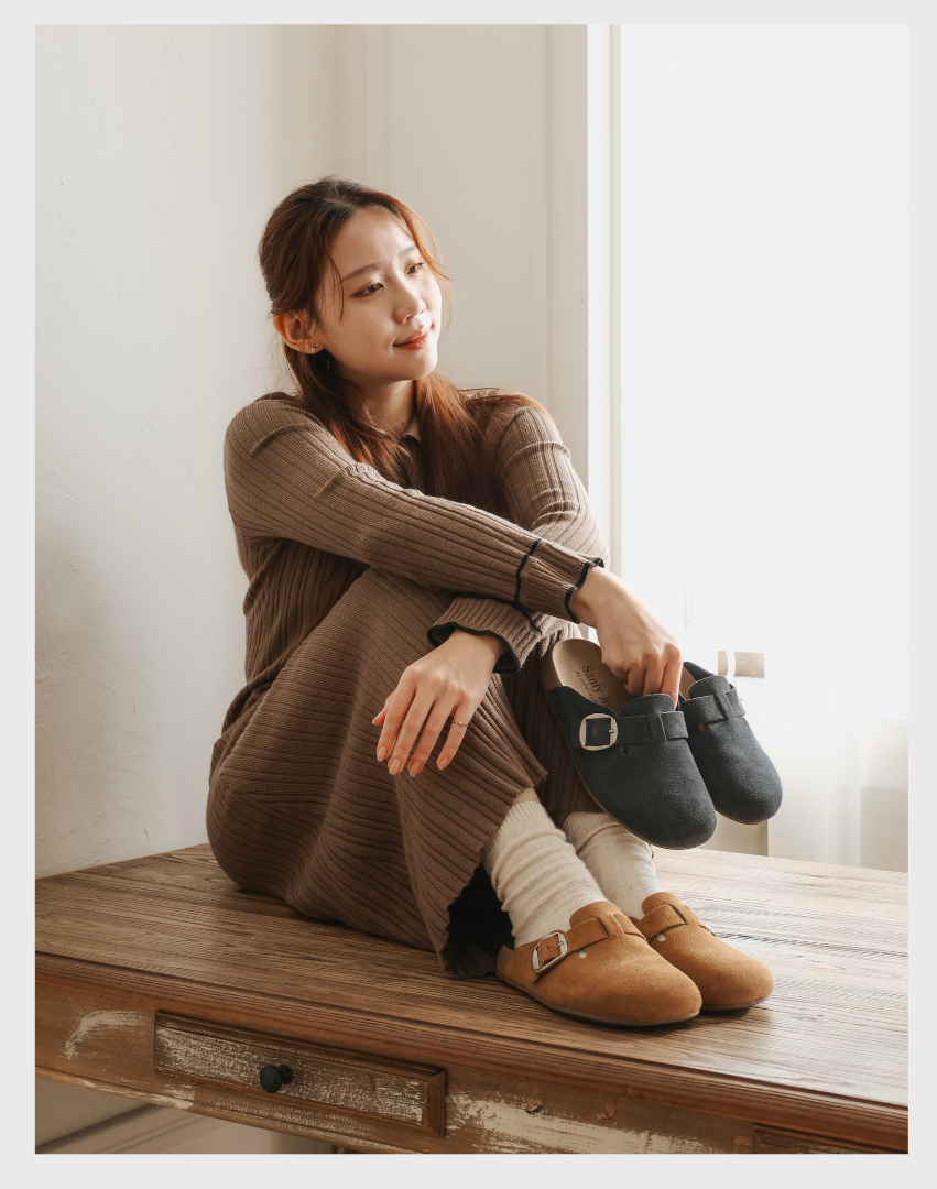 Sanly Joy 記憶沙發勃肯鞋 三色勃肯拖鞋展示 復古棕經典灰復古藍