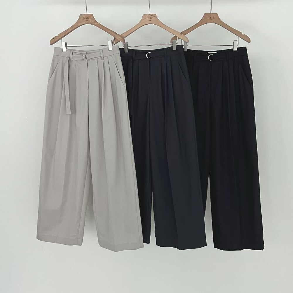 LF6002 腰帶寬腿百摺長褲