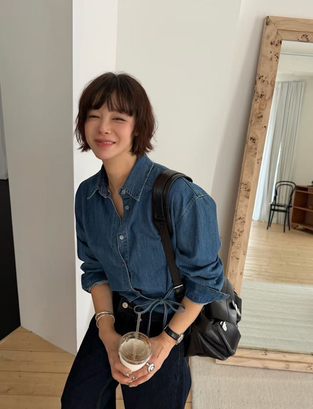 時髦女子側綁帶造型翻領牛仔襯衫 / 2色