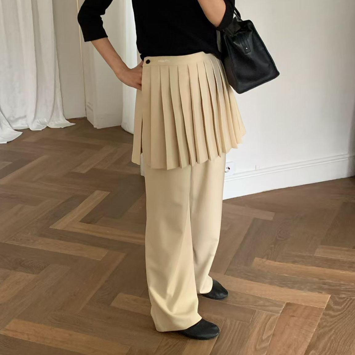 單釦一片式百褶裙+西裝褲SET-S-M / 2色