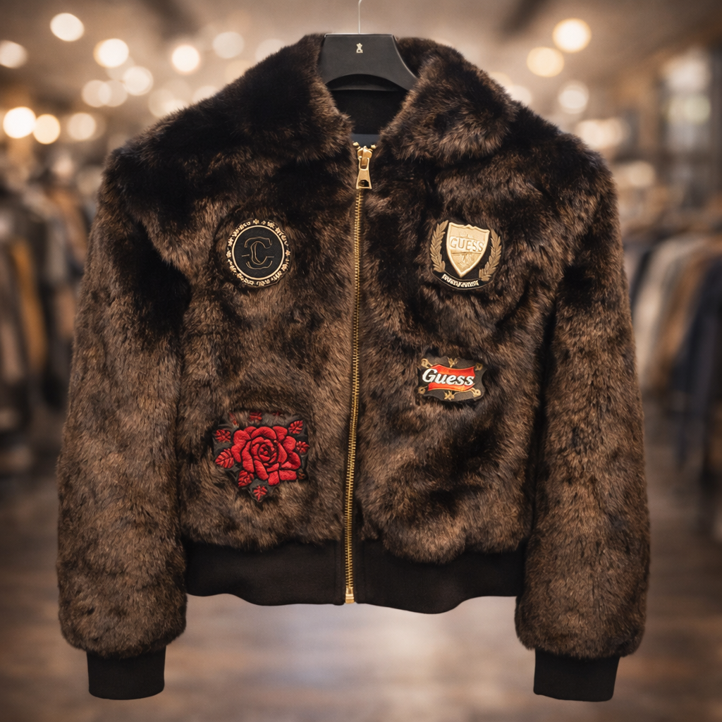 [S] KARL LAGERFELD LAGERFELD BLACK FAUX FUR PATCH BOMBER, LWQMF239-BLK (SKL1463)