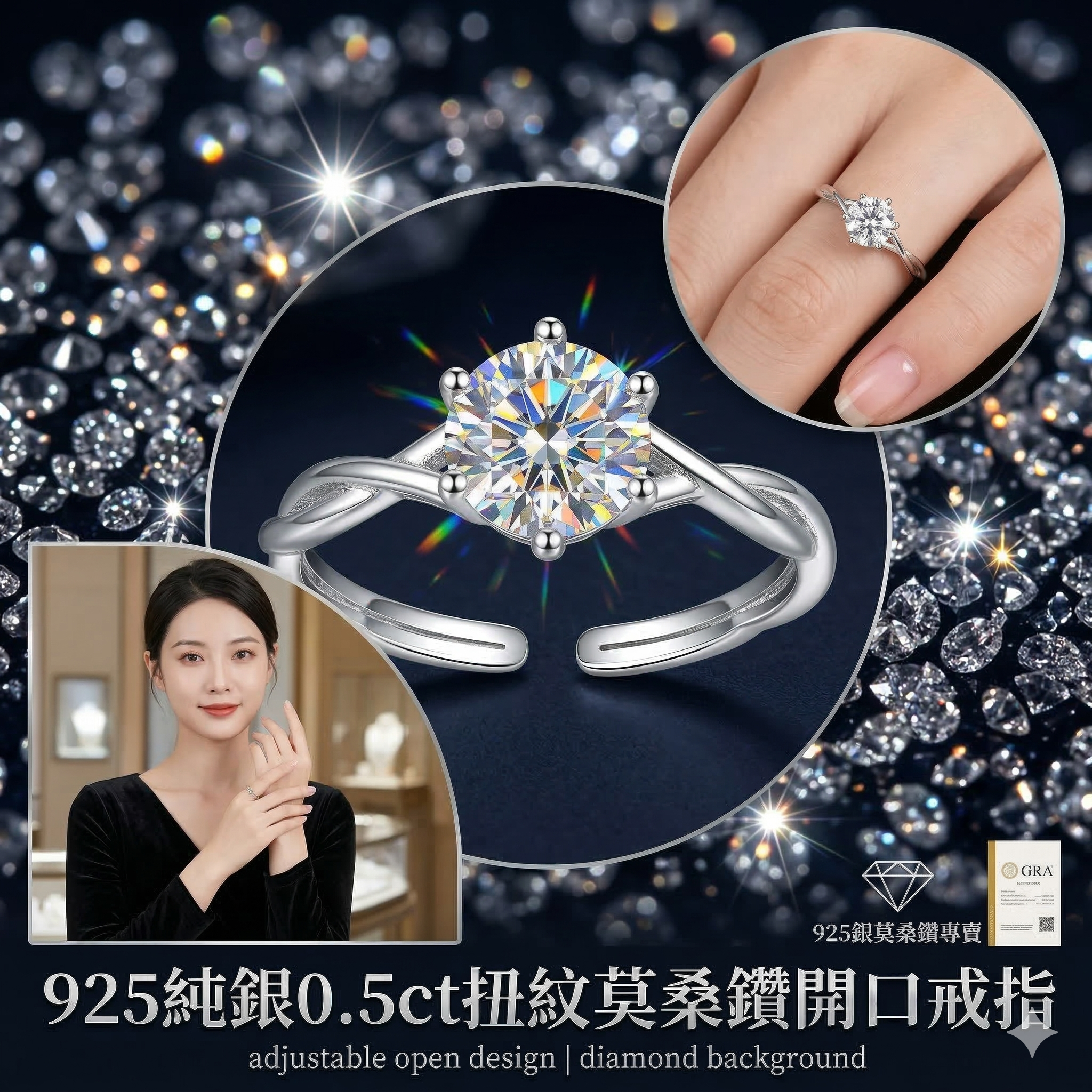 【現貨】LL0726513 925純銀0.5ct扭紋莫桑鑽開口戒指(DRD018)