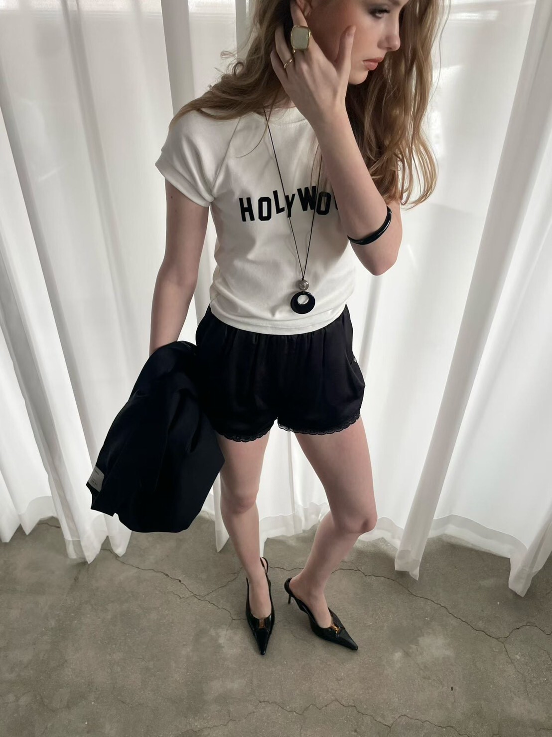 #AF82好萊塢短袖上衣(黑/白)