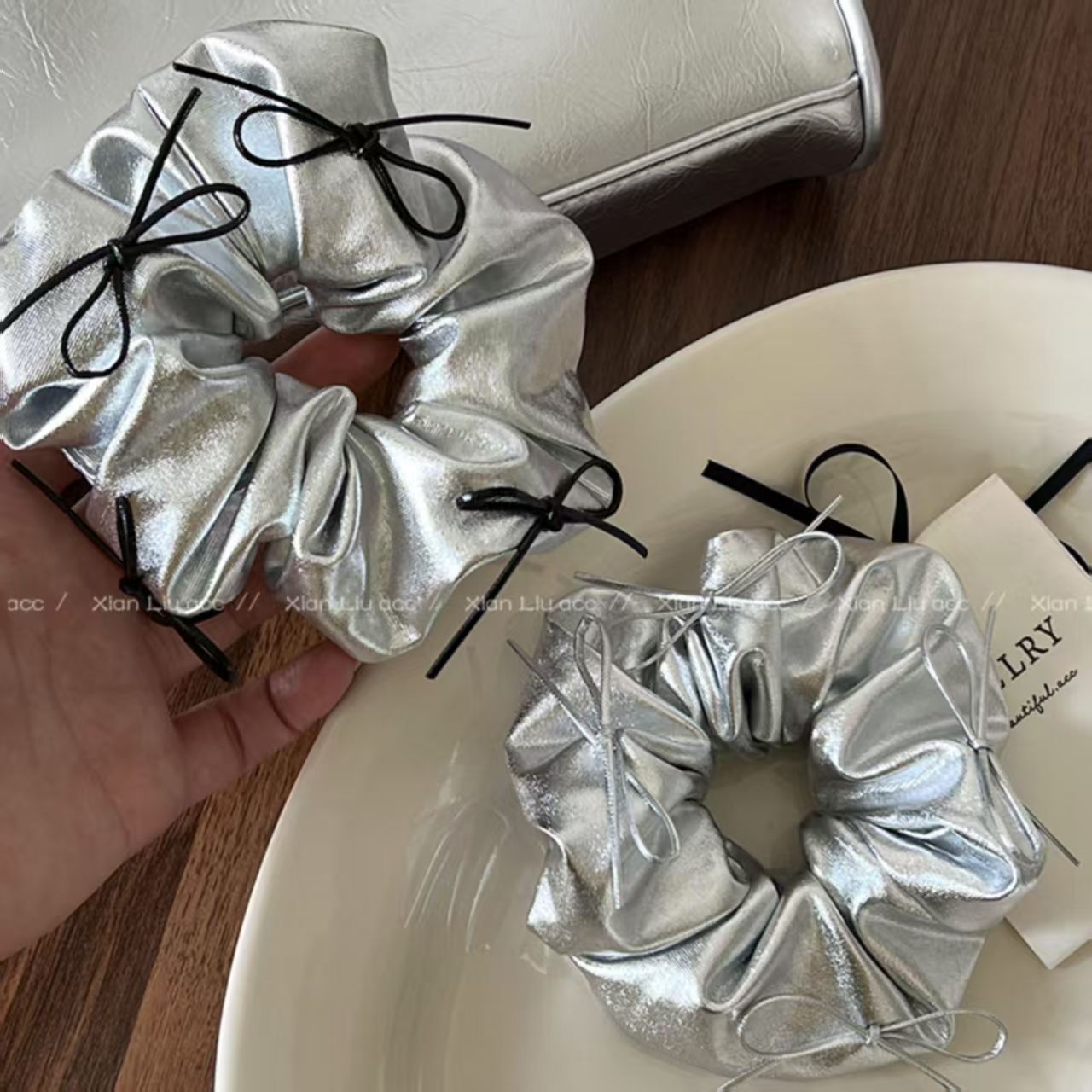 [3 FOR RM10] Silver Faux Leather Bow Scrunchies
