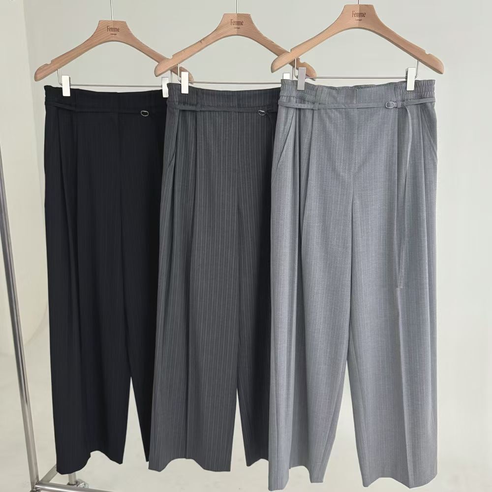 LF6011 後橡根直條紋細腰帶西褲