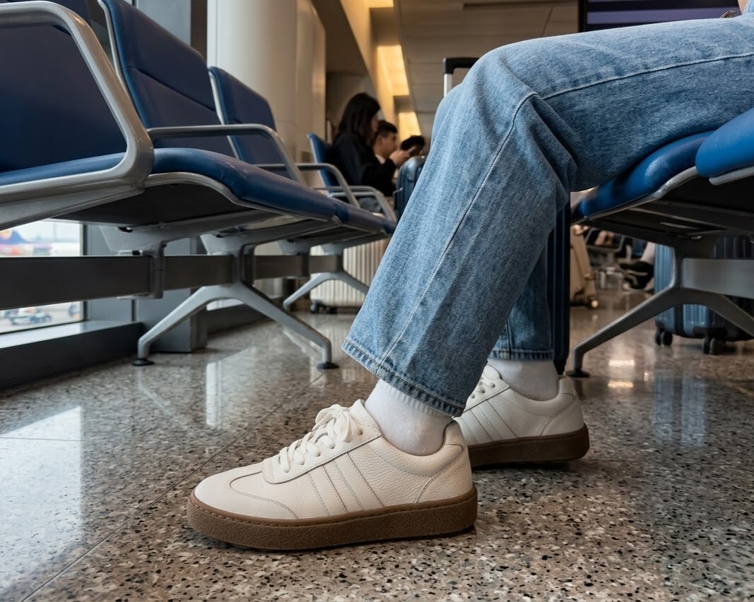 完美駕馭機場時尚!厚底德訓餅乾鞋搭配落地寬褲,展現慵懶高級的 Sporty Chic 風格。寬楦設計友善機上水腫雙腳,出國搭機最舒適的穿搭選擇。