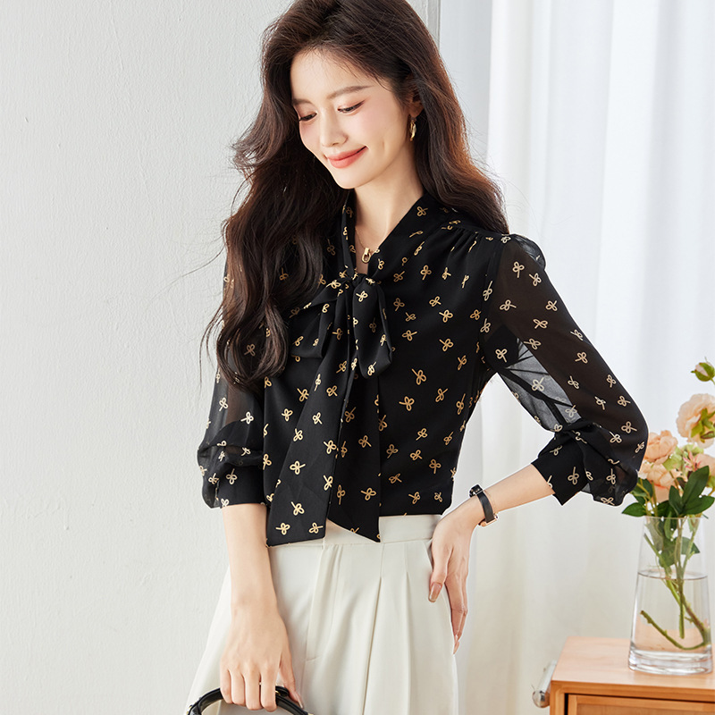綁帶印花雪紡襯衫 黑色