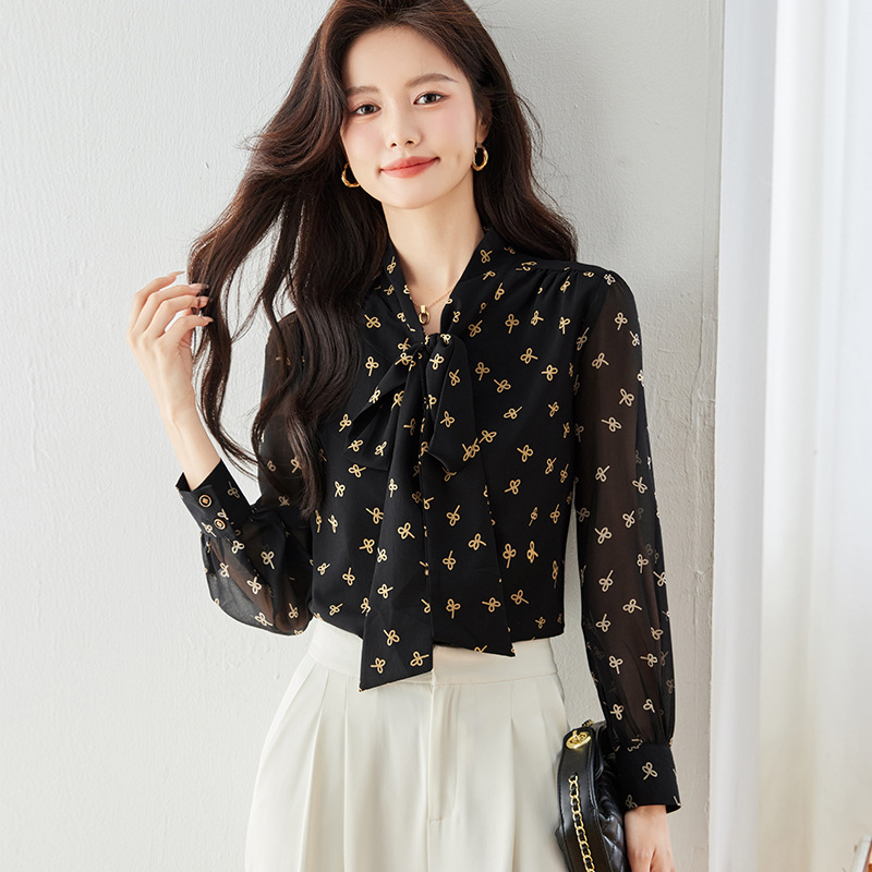 綁帶印花雪紡襯衫 黑色