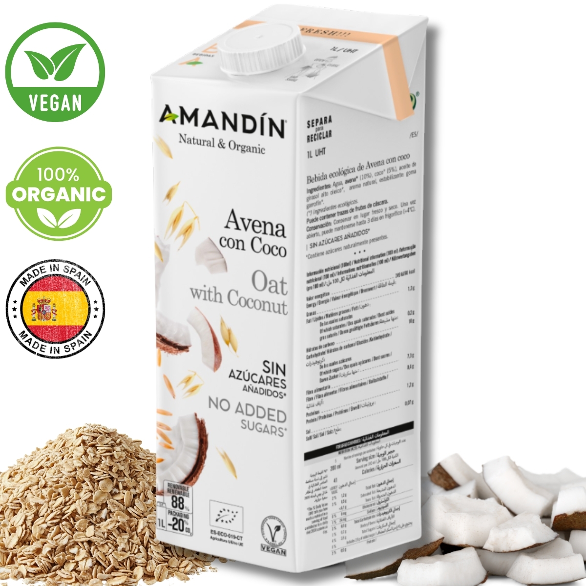 Amandin 有機低糖全素低脂低鹽椰子燕麥奶 1L (純素)