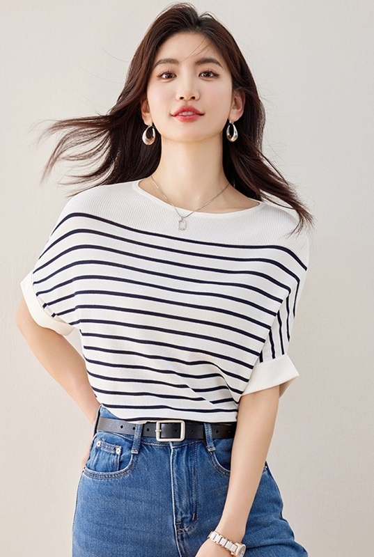 一字領落肩條紋針織上衣 兩色