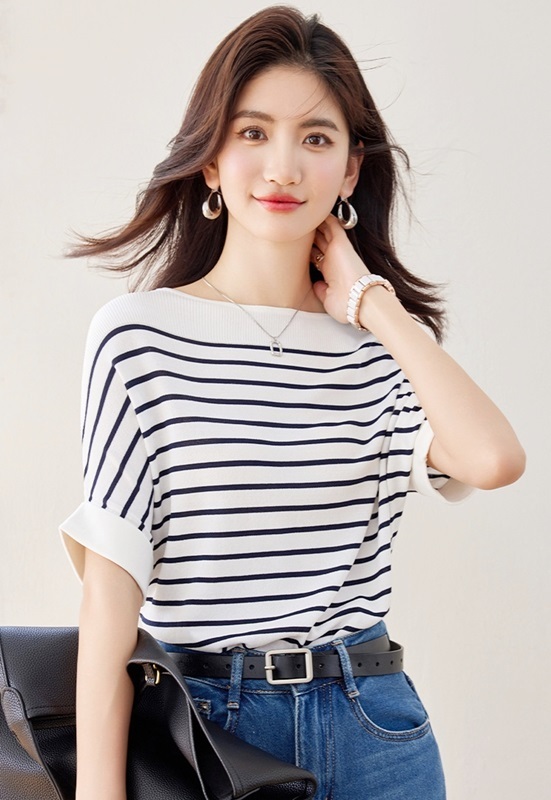 一字領落肩條紋針織上衣 兩色