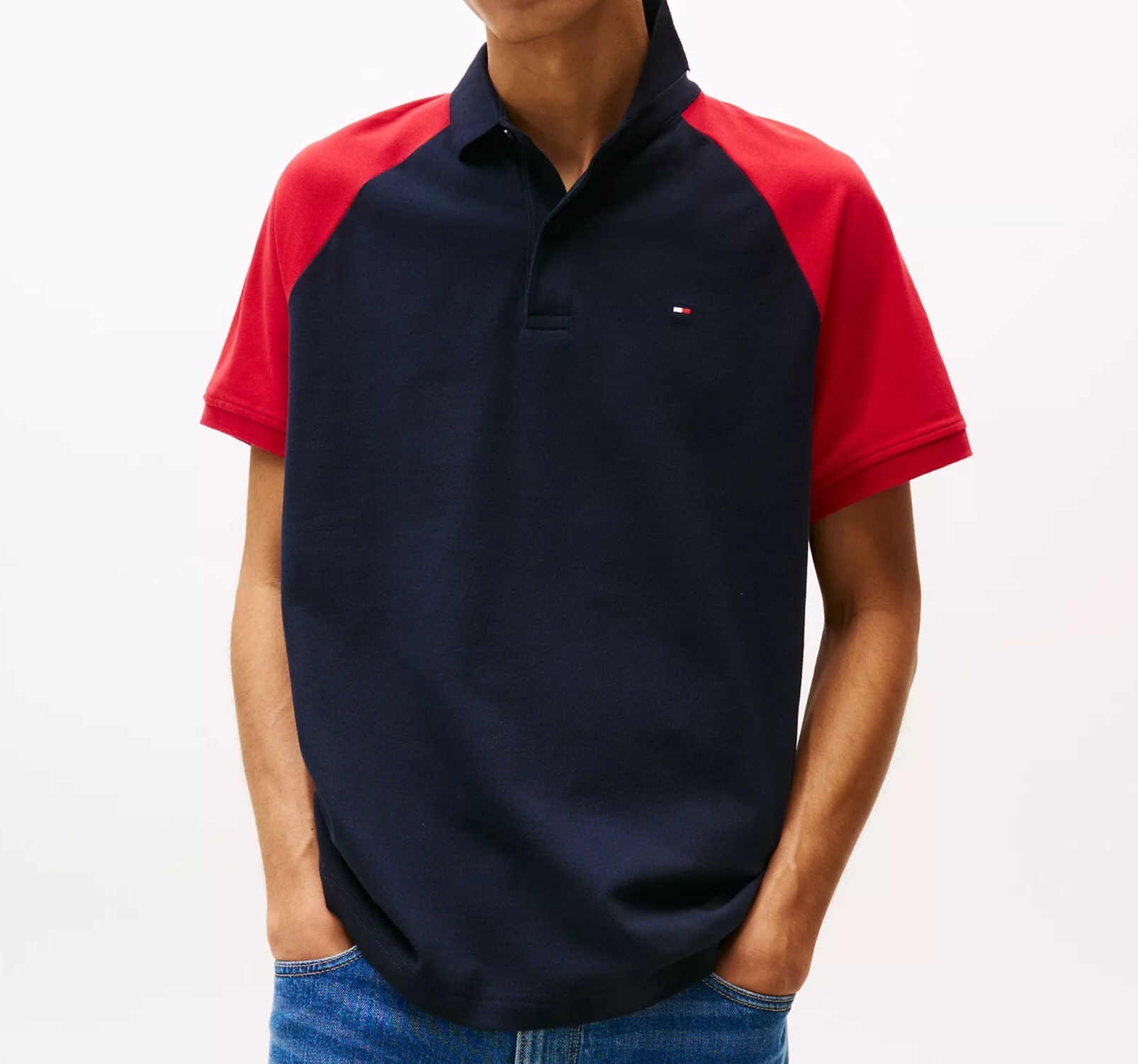 [S] TOMMY HILFIGER NAVY/RED REGULAR FIT RAGLAN-SLEEVE POLO, XM05160-400 (STH1440)