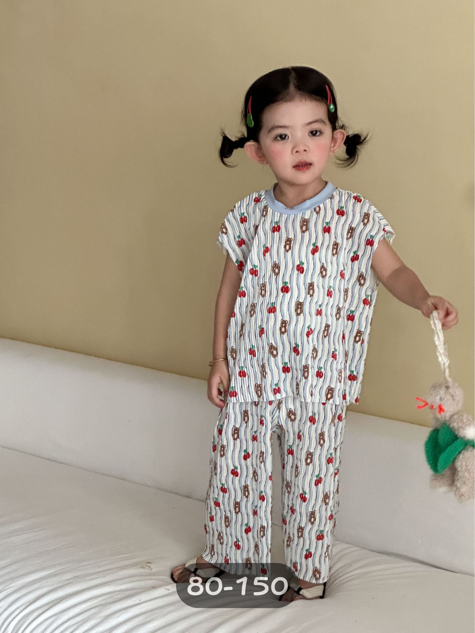 風琴摺藍櫻桃 短袖套裝2件組