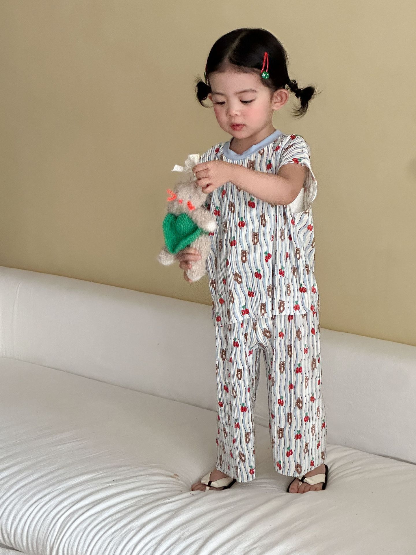 風琴摺藍櫻桃 短袖套裝2件組