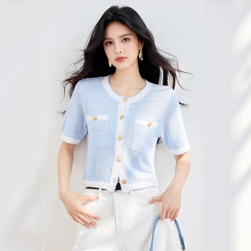 小香風短版針織上衣 藍色