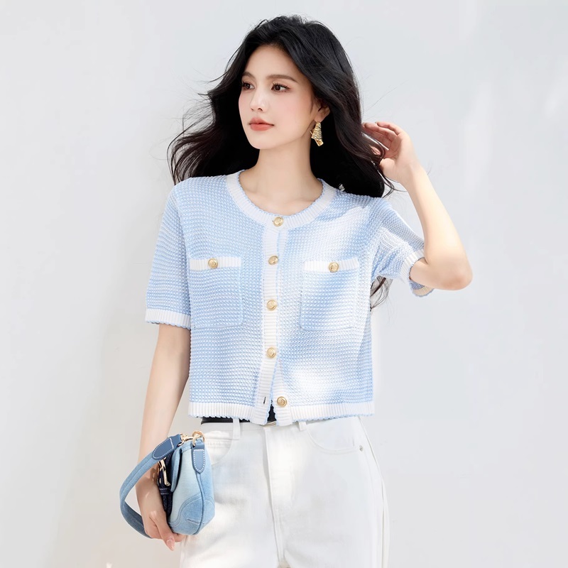 小香風短版針織上衣 藍色