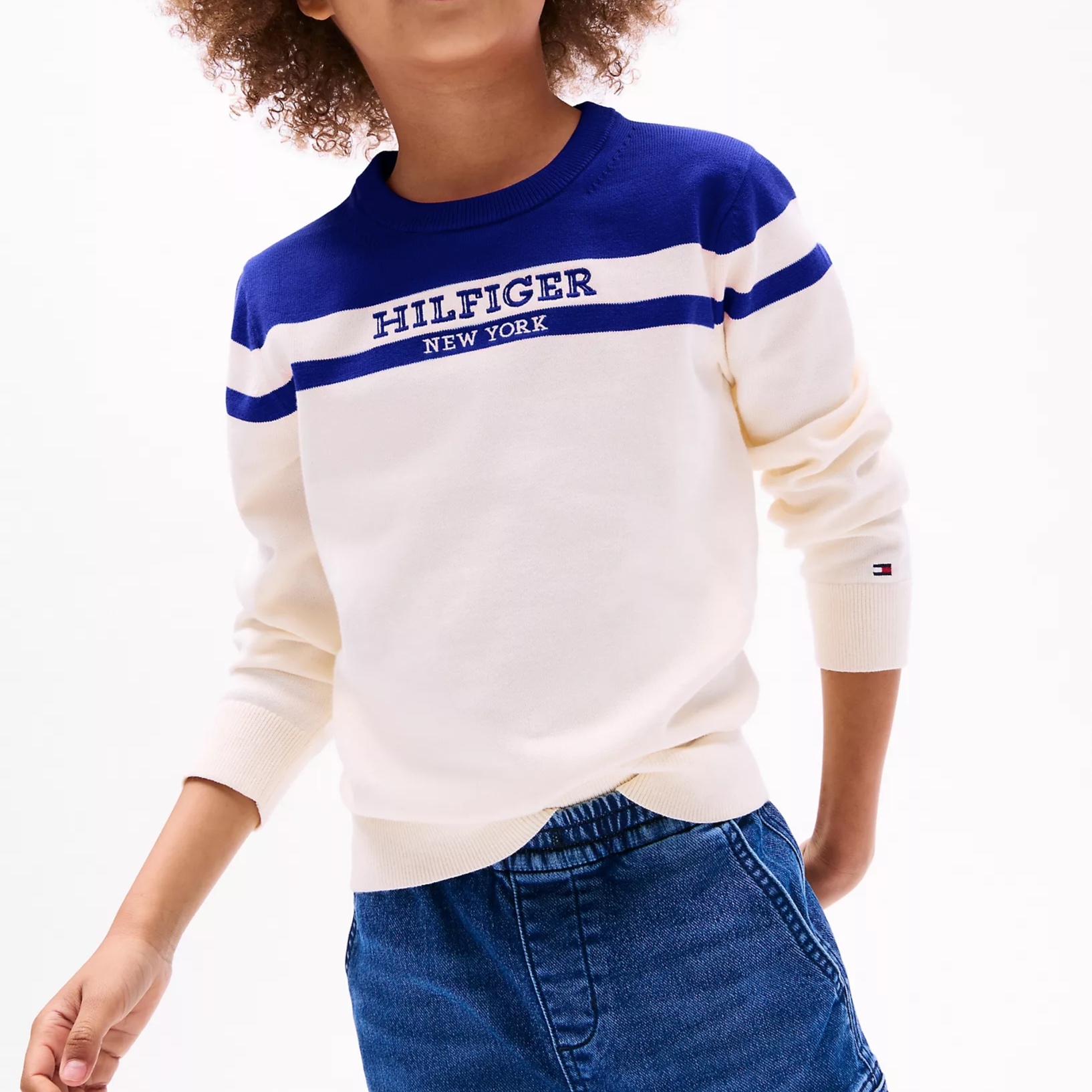 [S] TOMMY HILFIGER BLUE KIDS COLORBLOCK LOGO CREWNECK SWEATER, 71J4525-501 (STH1079)