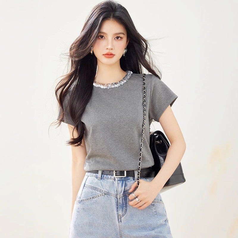 亮片領柔棉上衣T恤 灰色