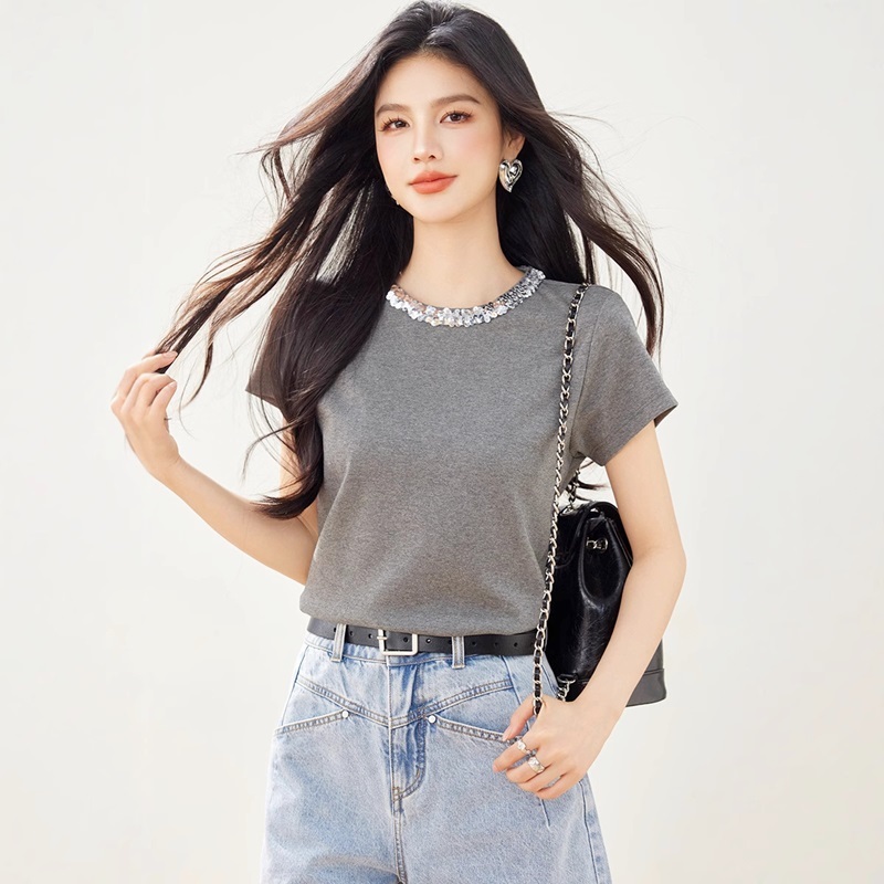 亮片領柔棉上衣T恤 灰色