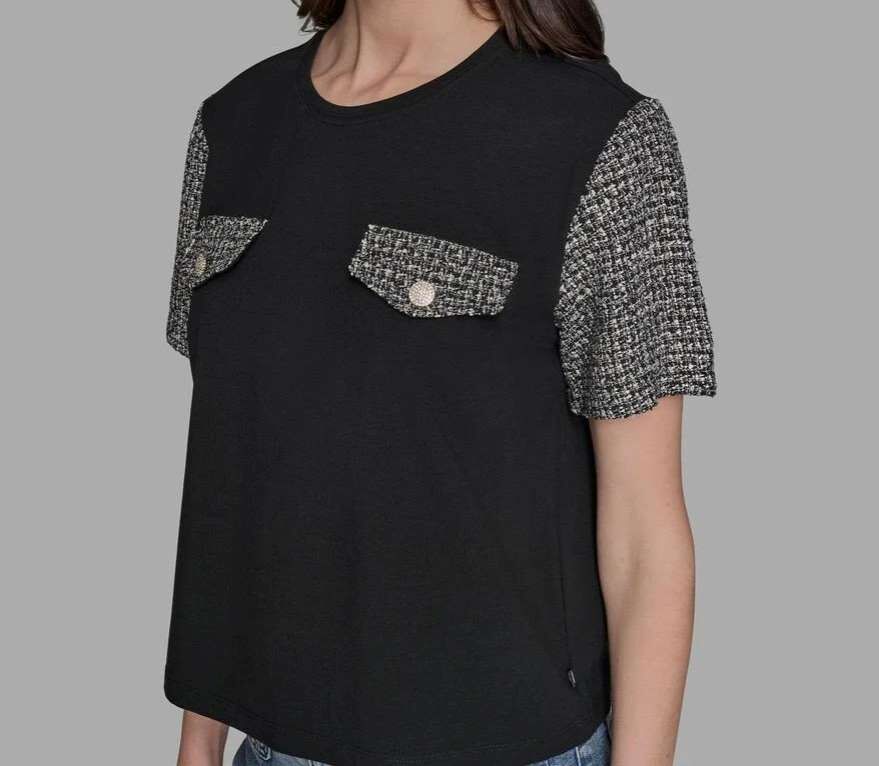 [S] KARL LAGERFELD BLACK TWEED SLEEVE TEE, L5TH7802-BLK [FINAL SALE] (SKL1438)