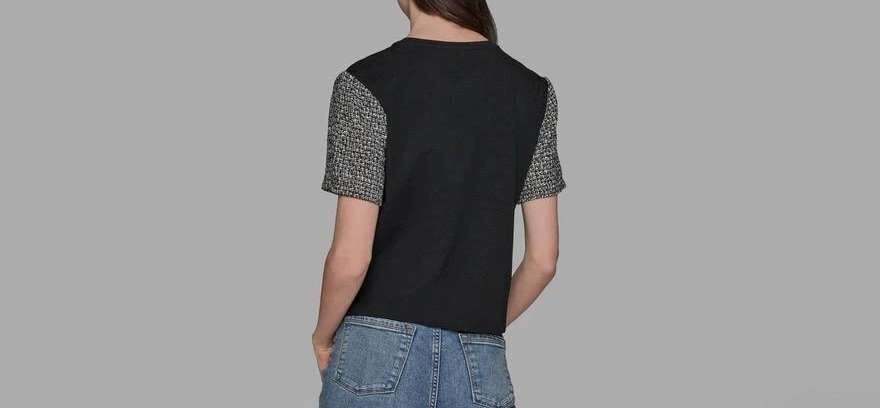 [S] KARL LAGERFELD BLACK TWEED SLEEVE TEE, L5TH7802-BLK [FINAL SALE] (SKL1438)