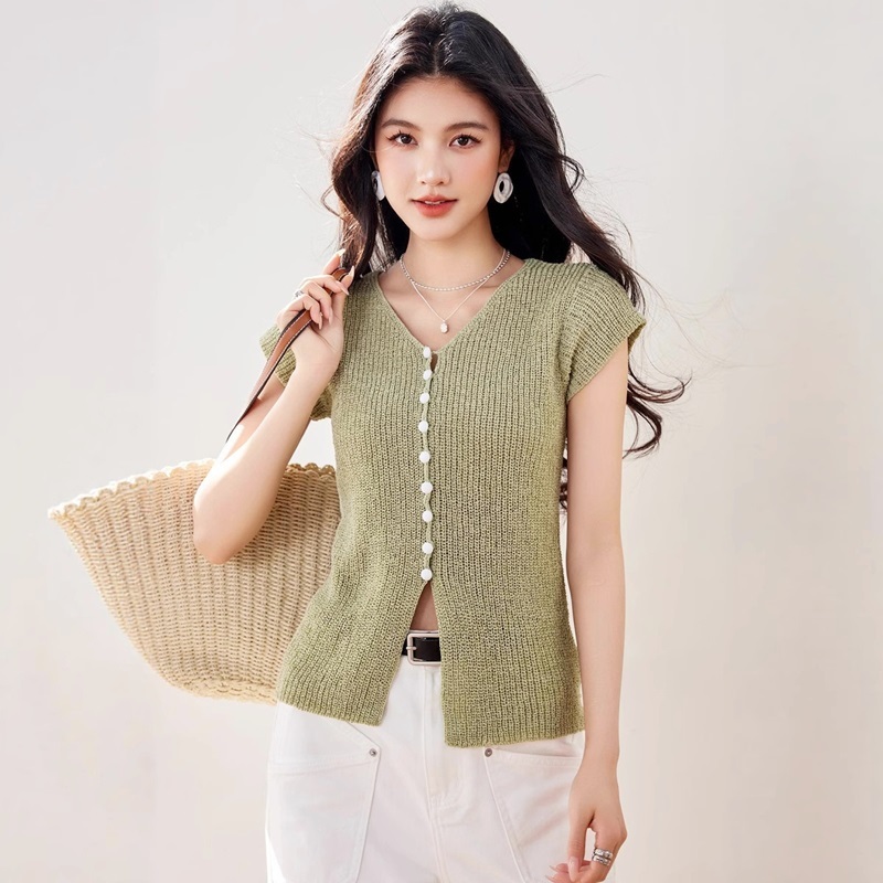 小包袖排釦針織上衣 綠色