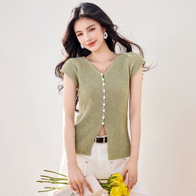 小包袖排釦針織上衣 綠色