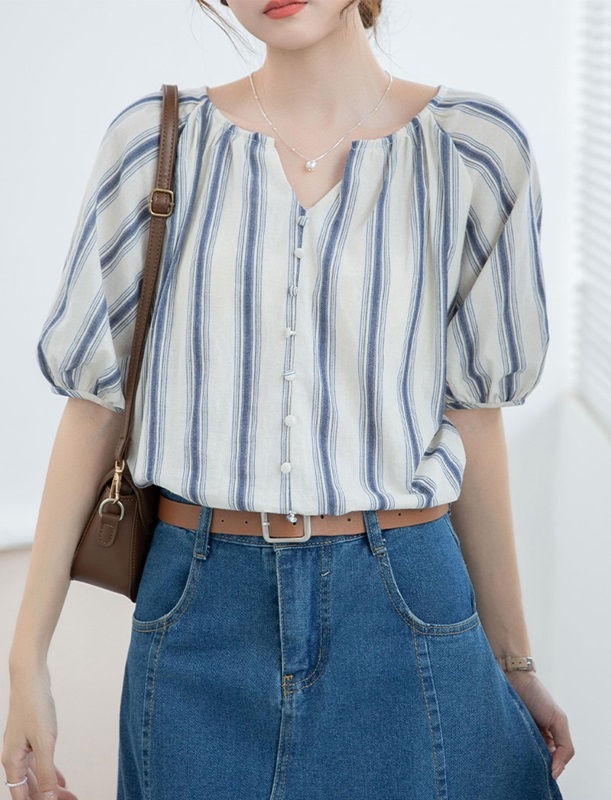 小V領五分袖條紋上衣 條紋