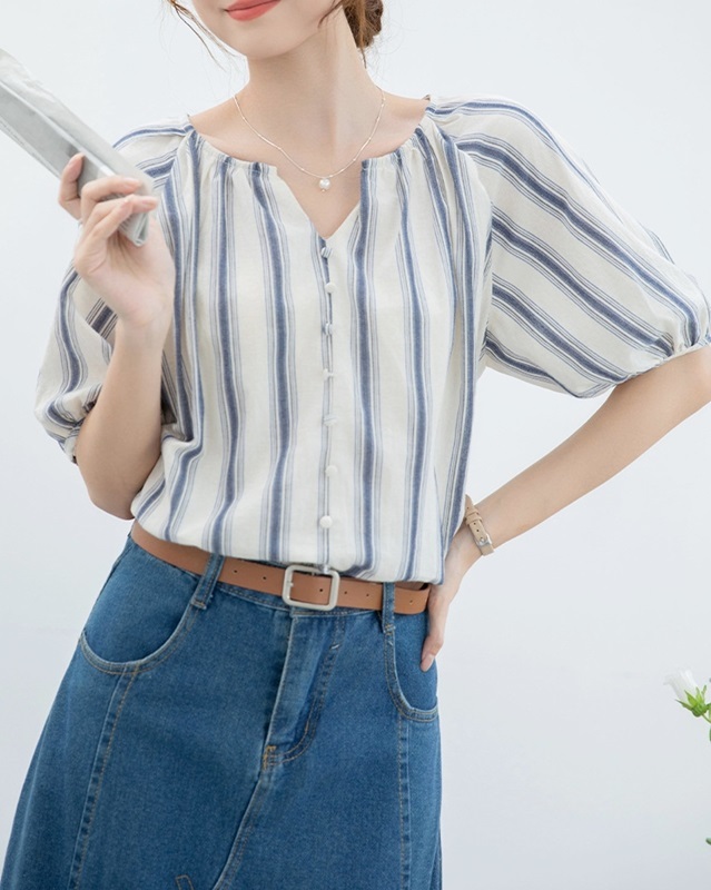 小V領五分袖條紋上衣 條紋