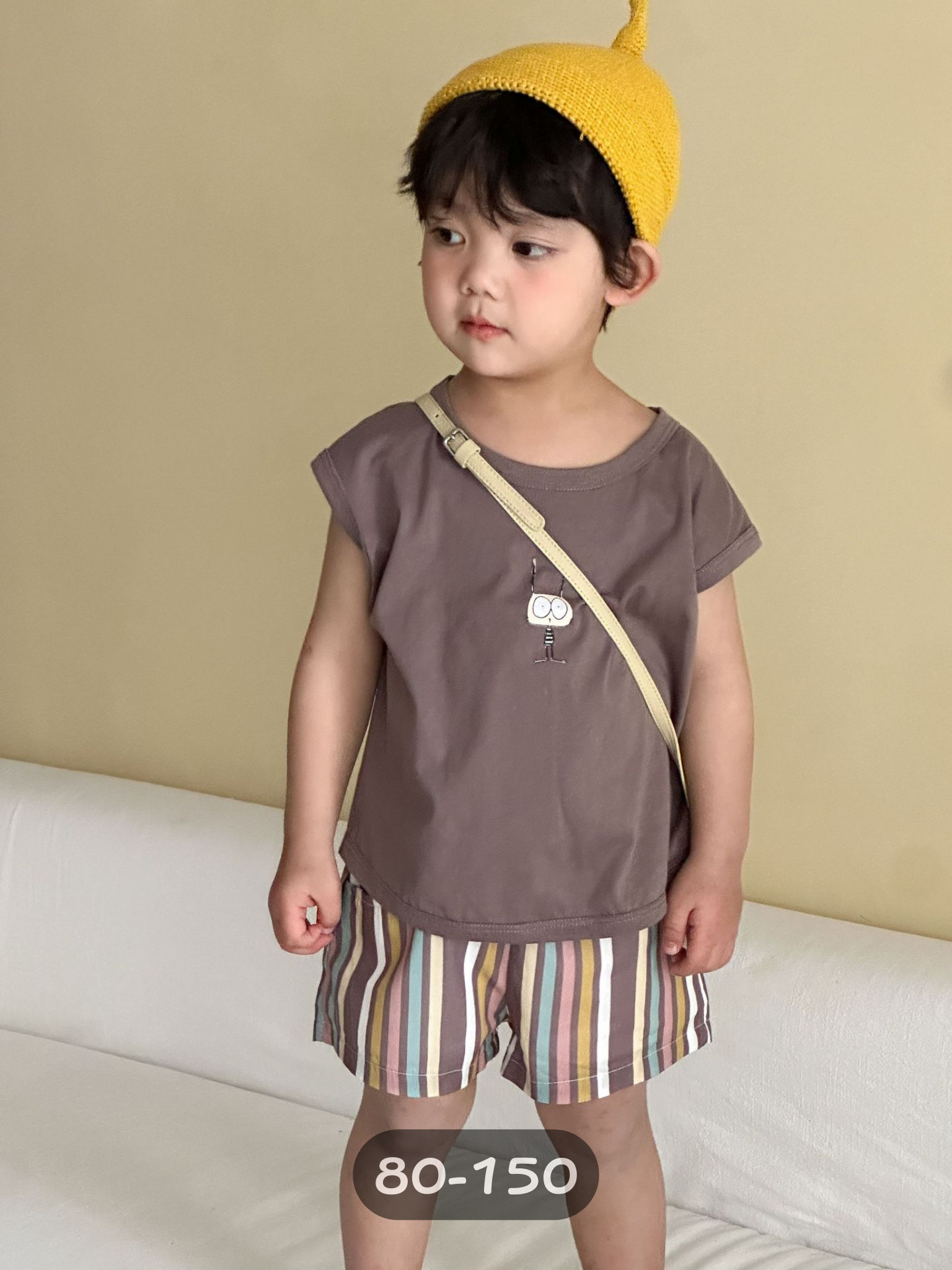 撞色咖條怪貓 短袖套裝2件組