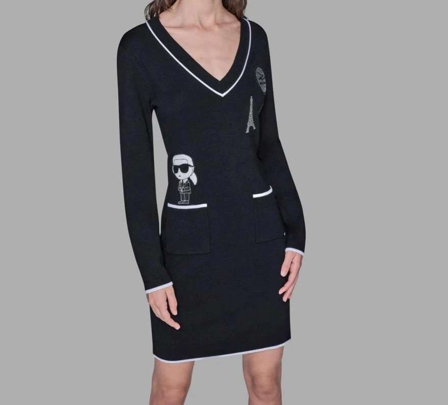 [S] KARL LAGERFELD BLACK SWEATER DRESS WITH PATCH, L5ZOS772-BLK (SKL1529)