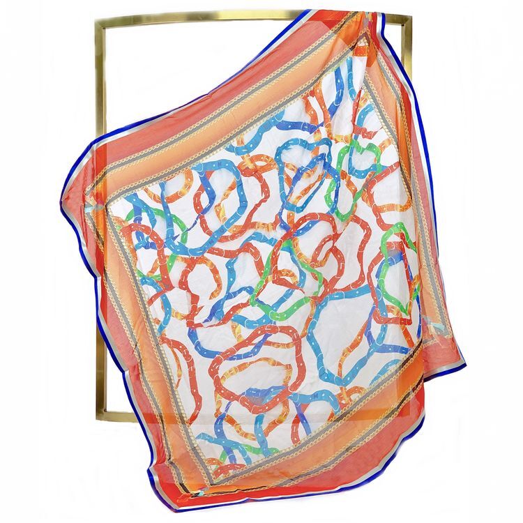 WM059 Scarfesia 橙邊配不規則圖案方絲巾 45% Modal 45% Cotton 10% Silk