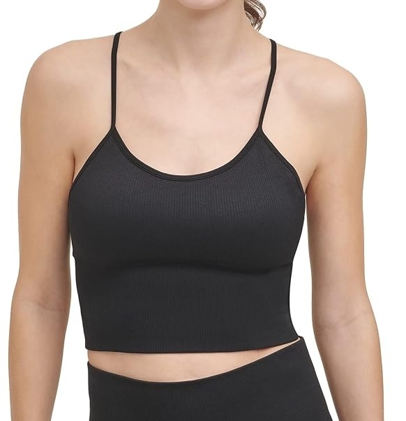 [S] DKNY RIB KNIT SEAMLEWSS CROP TOP,BLACK, DP1T7982-BLK FINAL SALE (SD184)