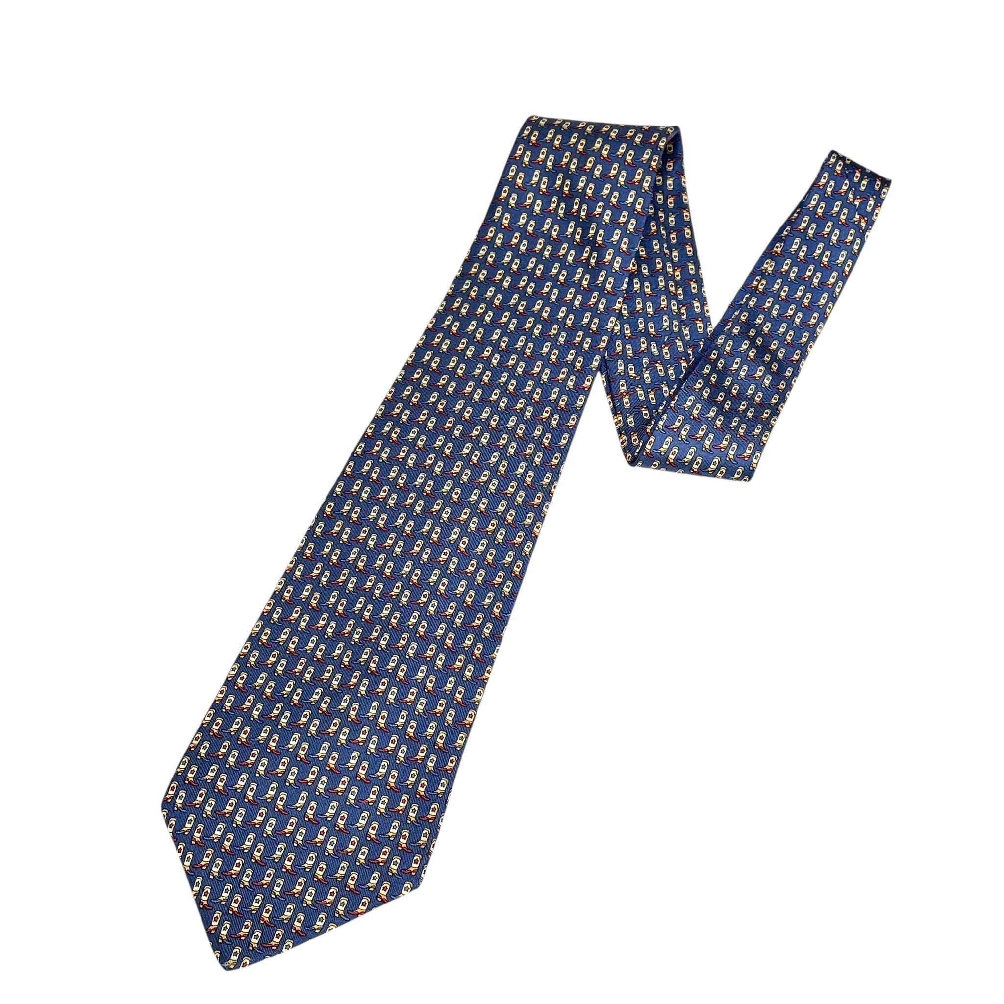 全新FERAGAMO TIE 7CM 真絲 藍色牛仔靴圖案 #菲拉格幕領呔 #BRAND NEW#香榭站正品