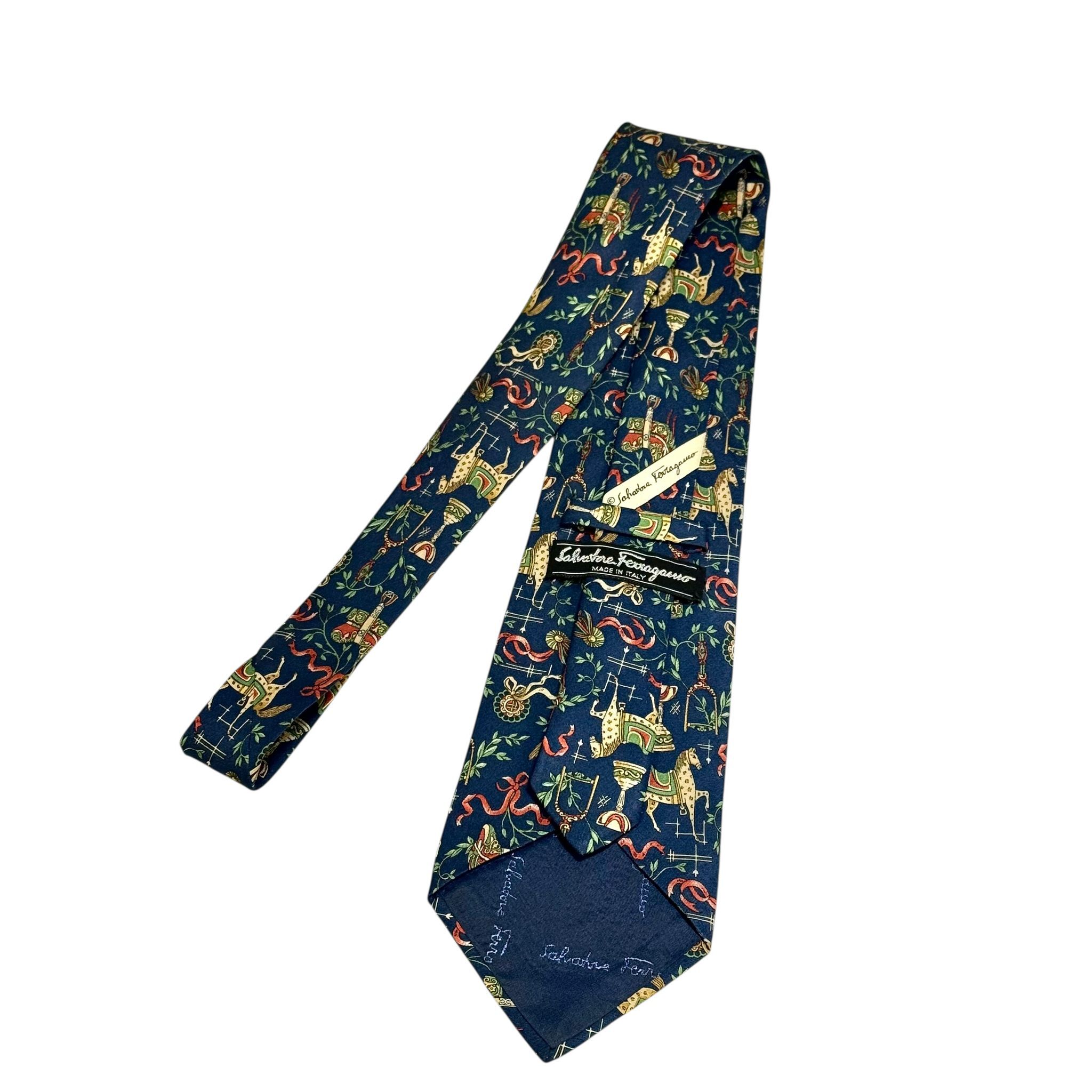 全新FERAGAMO TIE 7CM 真絲 海軍藍/綠色樹葉駿馬圖案 #菲拉格幕領呔 #BRAND NEW#香榭站正品