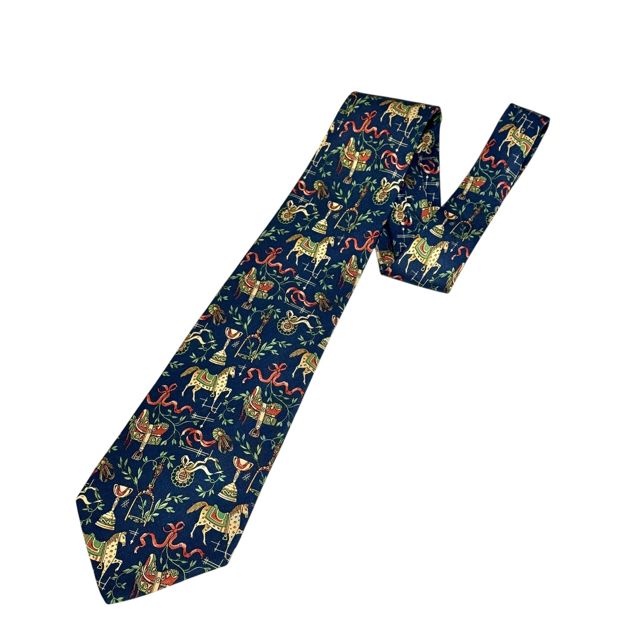 全新FERAGAMO TIE 7CM 真絲 海軍藍/綠色樹葉駿馬圖案 #菲拉格幕領呔 #BRAND NEW#香榭站正品