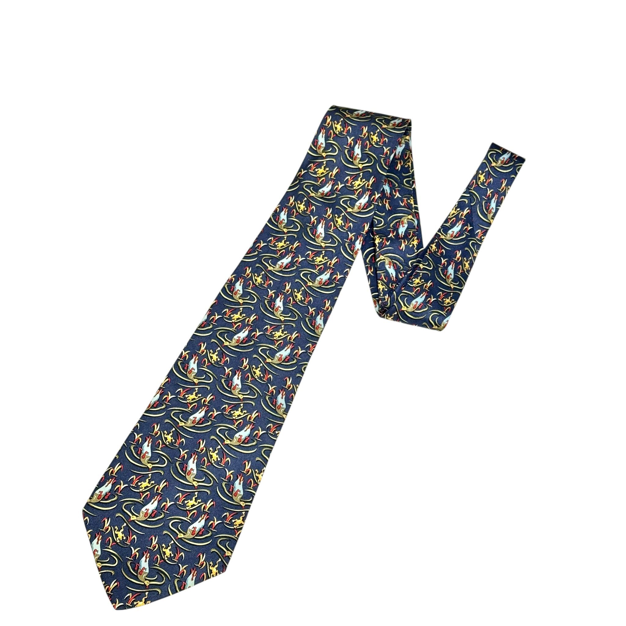 全新FERAGAMO TIE 7CM 真絲 深藍色鴨子青蛙圖案 #菲拉格幕領呔 #BRAND NEW#香榭站正品