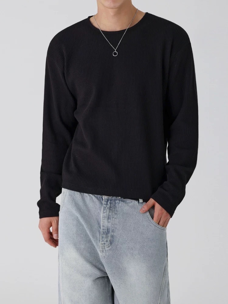 SIMPLEACTION 簡約華夫格圓領長袖上衣