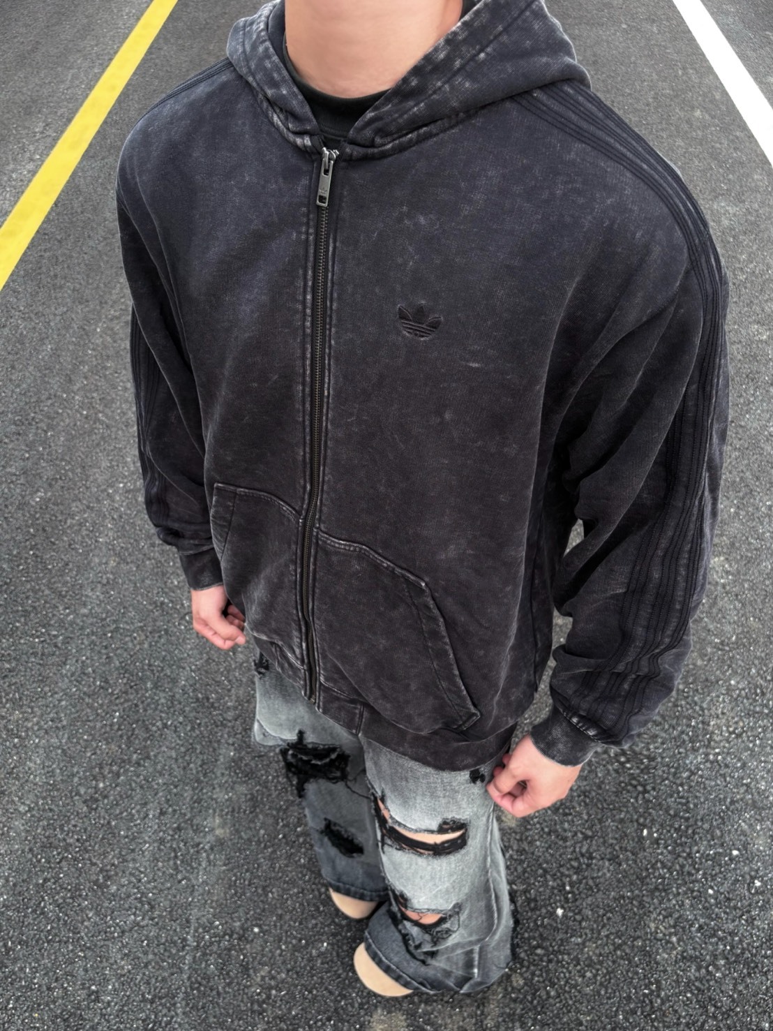 ADIDAS WASHED 水洗連帽外套 復古深灰