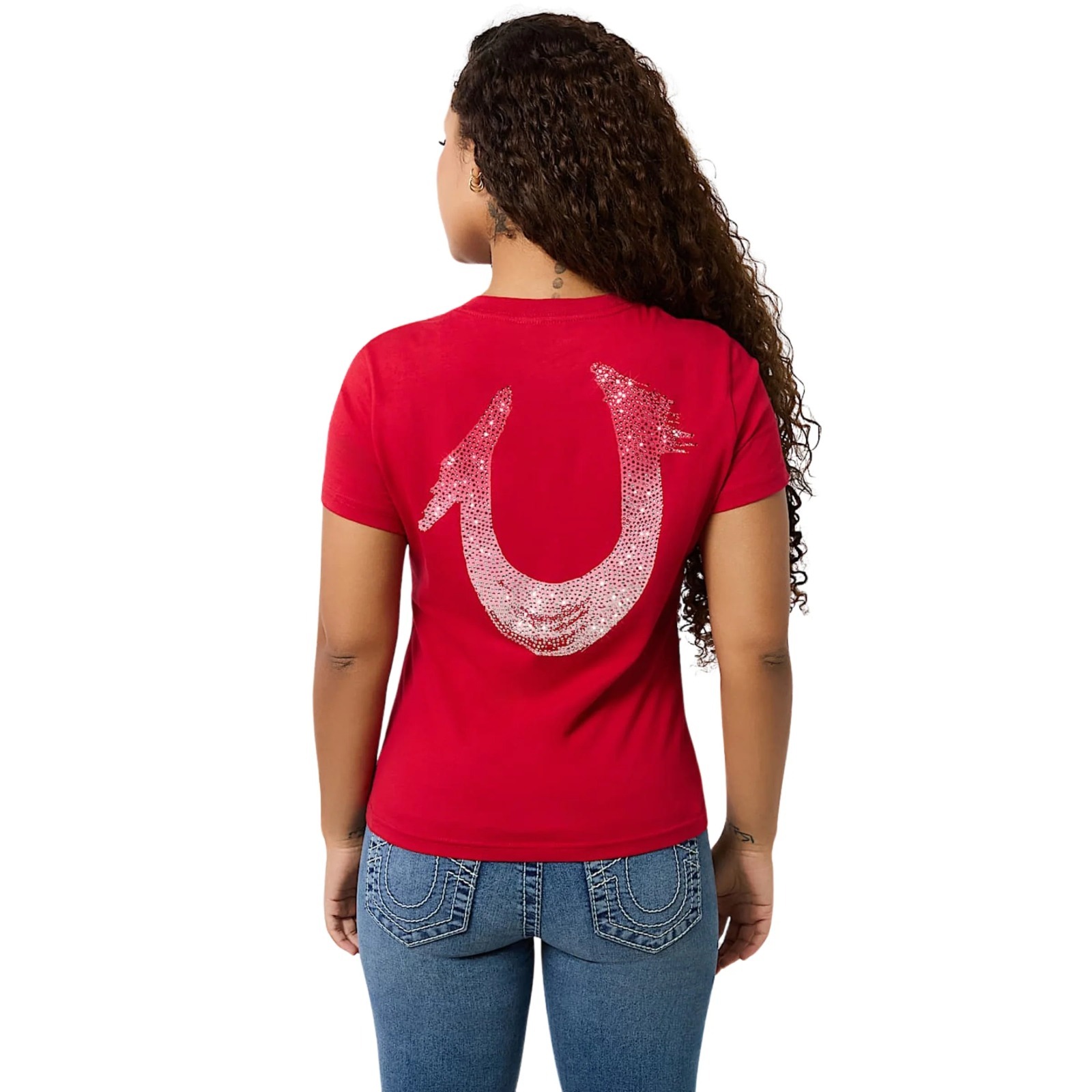 [S] TRUE RELIGION APPLE RED HS OMBRE CRYSTALS V NECK TEE, 208328-APPLE RED (STR133)