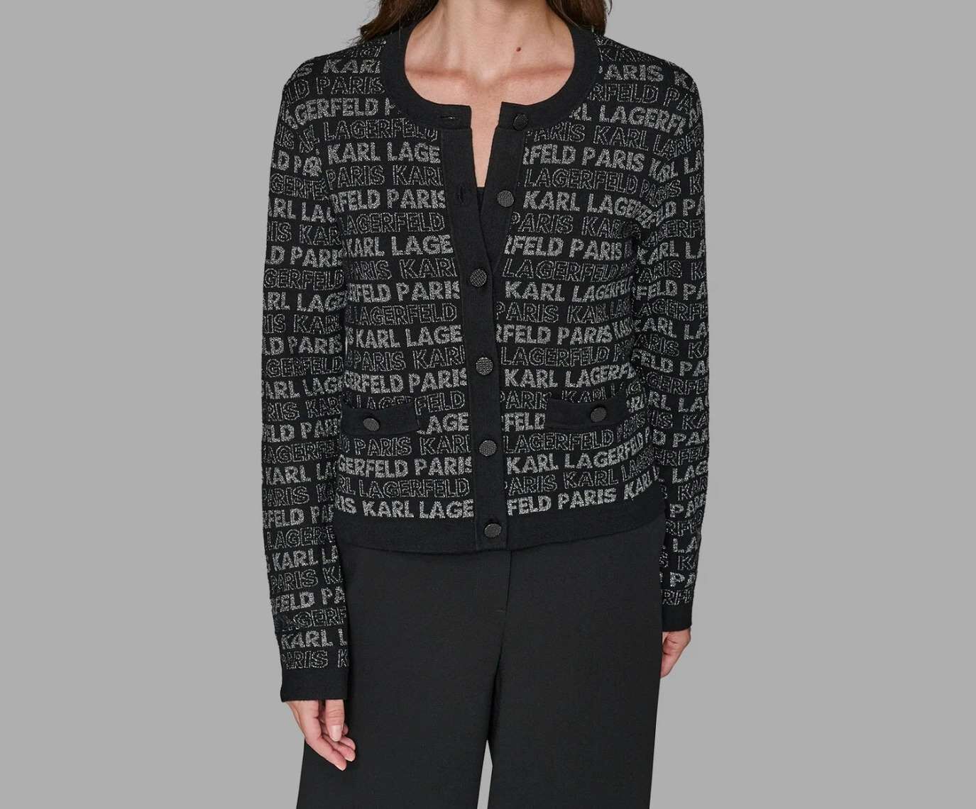 [S] KARL LAGERFELD BLACK/GUNMETAL LOGO LUREX CARIGAN, L5ZSY751-BWG (SKL1533)